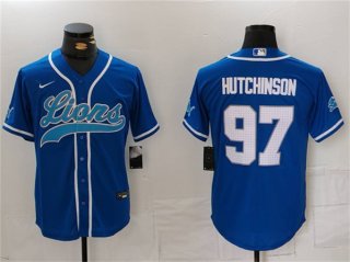 Men's Detroit Lions #97 Aidan Hutchinson Blue Cool Base Stitched Baseball Jersey