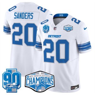 Men's Detroit Lions #20 Barry Sanders White 2024 NFC North Champions 90th Anniversary Patch F.U.S.E. Vapor Limited Stitched Jersey