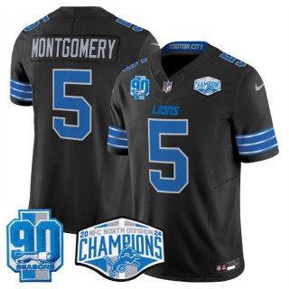 Men's Detroit Lions #5 David Montgomery Black 2024 NFC North Champions 90th Anniversary Patch F.U.S.E. Vapor Limited Stitched Jersey