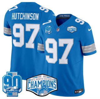 Men's Detroit Lions #97 Aidan Hutchinson Blue 2024 NFC North Champions 90th Anniversary Patch F.U.S.E. Vapor Limited Stitched Jersey