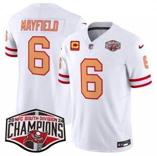 Men's Tampa Bay Buccaneers #6 Baker Mayfield White F.U.S.E. 2024 NFC South Champions With 4-Star C Patch Limited Stitched Jersey