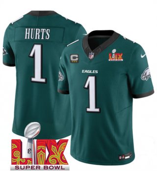 Men's Philadelphia Eagles #1 Jalen Hurts Green 2025 Super Bowl LIX Patch With 3-Star C Patch New F.U.S.E. Vapor Untouchable Limited Stitched Football Jersey