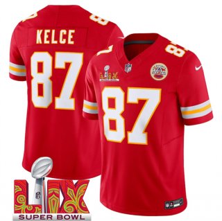 Men's Kansas City Chiefs #87 Travis Kelce Red 2025 Super Bowl LIX Patch F.U.S.E. Vapor Limited Stitched Football Jersey