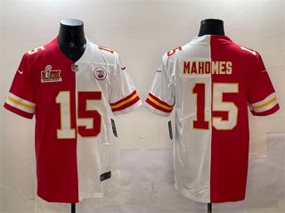 Men's Kansas City Chiefs #15 Patrick Mahomes Red & White Split 2025 Super Bowl LIX Patch Vapor Limited Stitched Football Jersey