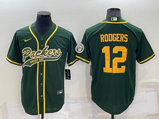 Men's Green Bay Packers #12 Aaron Rodgers Green Yellow Stitched MLB Cool Base Nike Baseball Jersey