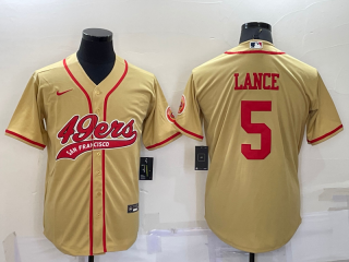 Men's San Francisco 49ers #5 Trey Lance Gold Stitched Cool Base Nike Baseball Jersey