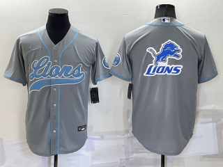 Men's Detroit Lions Grey Team Big Logo With Patch Cool Base Stitched Baseball Jersey