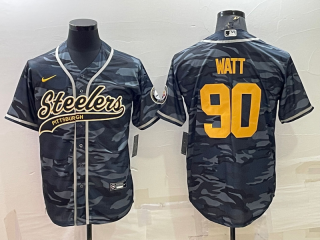 Men's Pittsburgh Steelers #90 TJ Watt Grey Navy Camo With Patch Cool Base Stitched Baseball Jersey