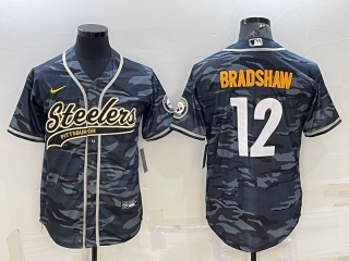 Men's Pittsburgh Steelers #12 Terry Bradshaw Grey Navy Camo With Patch Cool Base Stitched Baseball Jersey