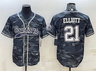 Men's Dallas Cowboys #21 Ezekiel Elliott Gray Camo With Patch Cool Base Stitched Baseball Jersey