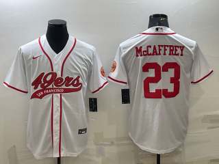 Men's San Francisco 49ers #23 Christian McCaffrey White With Patch Cool Base Stitched Baseball Jersey