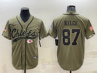 Men's Kansas City Chiefs #87 Travis Kelce 2022 Olive Salute to Service Cool Base Stitched Baseball Jersey