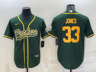 Men's Green Bay Packers #33 Aaron Jones Green Yellow With Patch Cool Base Stitched Baseball Jersey