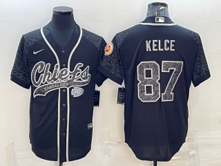 Men's Kansas City Chiefs #87 Travis Kelce Black Reflective With Patch Cool Base Stitched Baseball Jersey