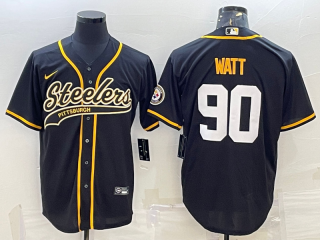 Men's Pittsburgh Steelers #90 TJ Watt Black With Patch Cool Base Stitched Baseball Jersey