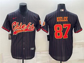 Men's Kansas City Chiefs #87 Travis Kelce Black With Patch Cool Base Stitched Baseball Jersey