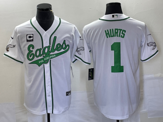 Men's Philadelphia Eagles #1 Jalen Hurts White C Patch Cool Base Stitched Baseball Jersey