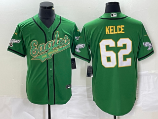 Men's Philadelphia Eagles #62 Jason Kelce Green Gold Cool Base Stitched Baseball Jersey