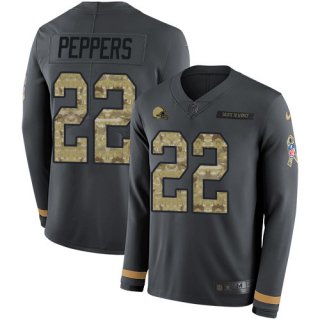 Nike Browns #22 Jabrill Peppers Anthracite Salute to Service Men's Stitched NFL Limited Therma Long Sleeve Jersey