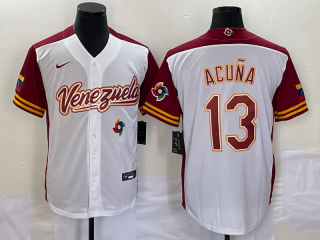 Men's Venezuela Baseball #13 Ronald Acuna Jr 2023 White Red World Classic Stitched Jersey