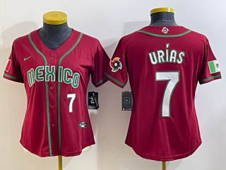 Women's Mexico Baseball #7 Julio Urias Number 2023 Red World Baseball Classic Stitched Jersey2