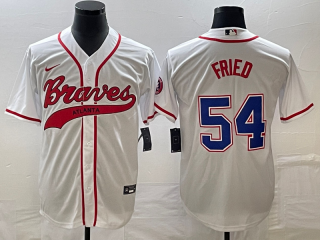 Men's Atlanta Braves #54 Max Fried White Cool Base With Patch Stitched Baseball Jersey1