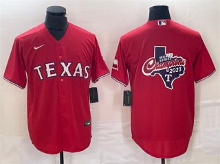 Men's Texas Rangers Red 2023 World Series Champions Big Logo With Patch Cool Base Stitched Baseball Jersey