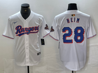 Men's Texas Rangers #28 Jonah Heim White 2023 World Series Champions Cool Base Jersey