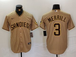 Men's San Diego Padres #3 Jackson Merrill Tan NEW 2023 Cool Base Stitched Jersey