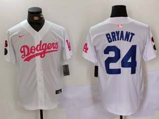 Men's Los Angeles Dodgers #24 Kobe Bryant White Pink Vin & Kobe Patch Stitched Baseball Jersey1