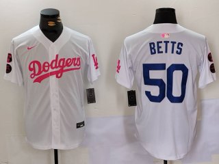 Men's Los Angeles Dodgers #50 Mookie Betts White Pink Vin & Kobe Patch Stitched Baseball Jersey1