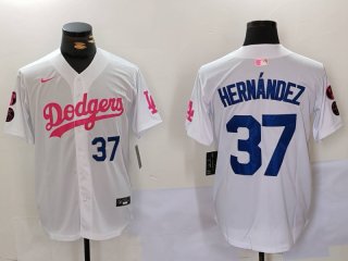 Men's Los Angeles Dodgers #37 Teoscar Hernández White Pink Vin & Kobe Patch Stitched Baseball Jerseys