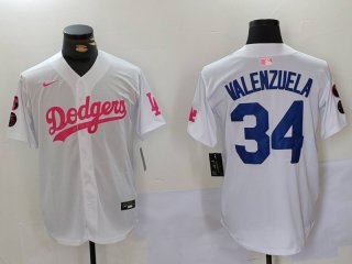 Men's Los Angeles Dodgers #34 Fernando Valenzuela White Pink Vin & Kobe Patch Stitched Baseball Jersey