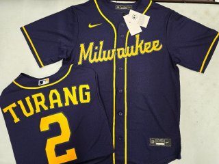 Men's Milwaukee Brewers #2 Brice Turang Navy Blue Stitched MLB Cool Base Nike Jersey