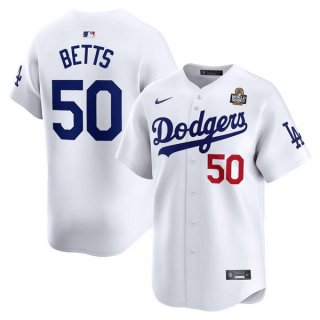 Men's Los Angeles Dodgers #50 Mookie Betts White 2024 World Series Home Limited Cool Base Stitched Baseball Jersey