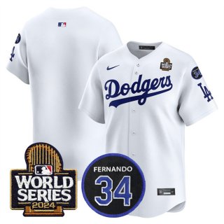 Men's Los Angeles Dodgers Blank White 2024 World Series With Fernando Memorial Patch Limited Stitched Baseball Jersey