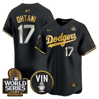 Men's Los Angeles Dodgers #17 Shohei Ohtani Black Gold 2024 World Series Vin & Kobe Patch Limited Stitched Baseball Jersey