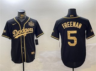 Men's Los Angeles Dodgers #5 Freddie Freeman Black Gold 2024 World Series Patch And Champions Patch Cool Base Stitched Baseball Jersey