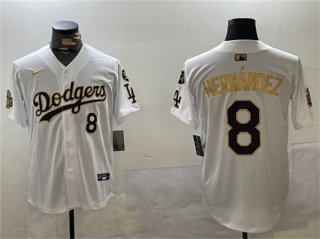 Men's Los Angeles Dodgers #8 Enrique Hernández White Gold 2024 World Series With Fernando Memorial Patch Home Limited Stitched Baseball Jersey