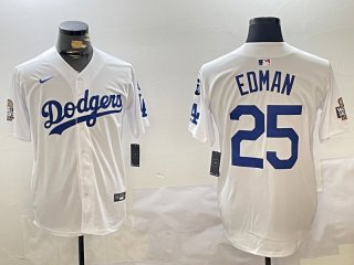 Men's Los Angeles Dodgers #25 Tommy Edman White 2024 World Series With Fernando Memorial Patch Home Limited Stitched Baseball Jerseys