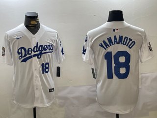 Mens Los Angeles Dodgers #18 Yoshinobu Yamamoto White 2024 World Series With Fernando Memorial Patch Home Limited Stitched Baseball Jersey