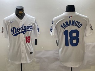 Men's Los Angeles Dodgers #18 Yoshinobu Yamamoto White 2024 World Series With Fernando Memorial Patch Home Limited Stitched Baseball Jerseys