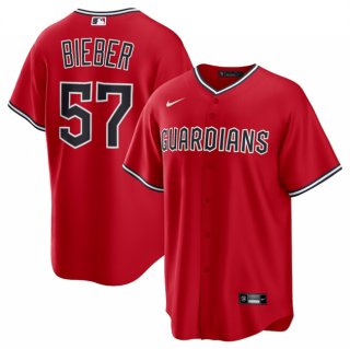 Men's Cleveland Guardians #57 Shane Bieber Red Cool Base Stitched Baseball Jersey