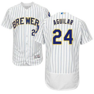 Milwaukee Brewers 24 Jesus Aguilar White Strip Flexbase Authentic Collection Stitched Baseball Jersey