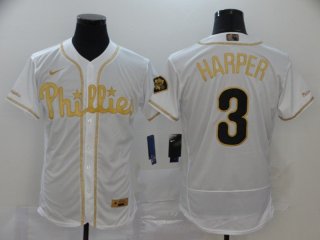 Men's Philadelphia Phillies #3 Bryce Harper White Golden Stitched MLB Flex Base Nike Jersey