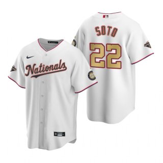 Men's Washington Nationals #22 Juan Soto White Gold 2019 World Series Champions Stitched MLB Cool Base Nike Jersey