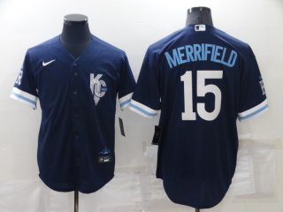 Men's Kansas City Royals #15 Whit Merrifield 2022 Navy Blue City Connect Cool Base Stitched Jersey