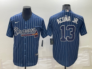 Men's Atlanta Braves #13 Ronald Acuna Jr Navy Blue Pinstripe Stitched MLB Cool Base Nike Jersey