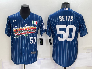 Mens Los Angeles Dodgers #50 Mookie Betts Number Rainbow Blue Red Pinstripe Mexico Cool Base Nike Jersey