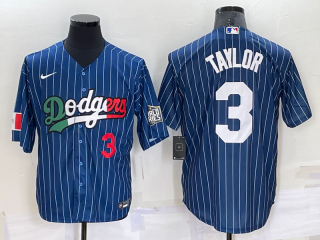 Mens Los Angeles Dodgers #3 Chris Taylor Number Navy Blue Pinstripe 2020 World Series Cool Base Nike Jersey